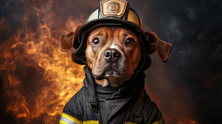 Adorable dog dressed in a firefighter uniform and helmet, posing proudly, capturing the playful spirit of a rescue dogの素材