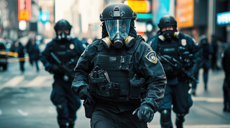 Police officers in protective gear, including body armor and gas masks, patrolling urban streets for security and public safetyの素材