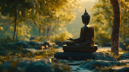 Buddha delivering teachings in a peaceful setting, surrounded by nature, highlighting the connection between spirituality and the natural worldの素材