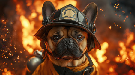 Dog dressed as a firefighter, in a uniform and helmet, striking a heroic pose, adding a fun twist to the fireman roleの素材