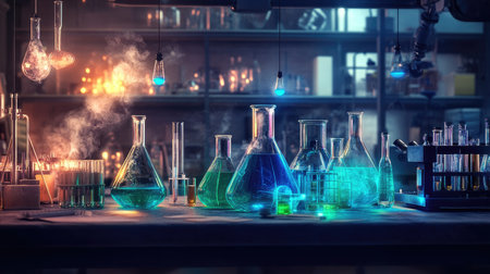 Chemistry lab interior with various flasks, bottles, and scientific instruments, creating an atmosphere of research and experimentationの素材