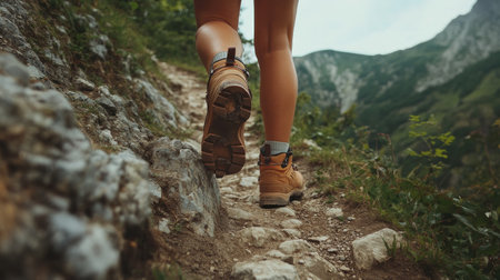 Female legs in hiking shoes, moving up a steep mountain path, capturing the determination and physical effort required in mountain hikingの素材