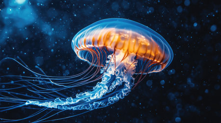 Detailed close-up of a jellyfish in the deep sea, its ethereal form glowing softly against the dark blue watersの素材