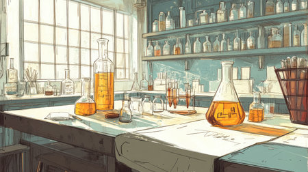 Lab interior with detailed drawings of lab equipment, flasks, and glass bottles, ideal for illustrating scientific studies and experimentsの素材