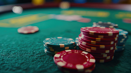 Intense casino moment with a close-up of poker chips and cards on a green felt table, focusing on the thrill of the gameの素材