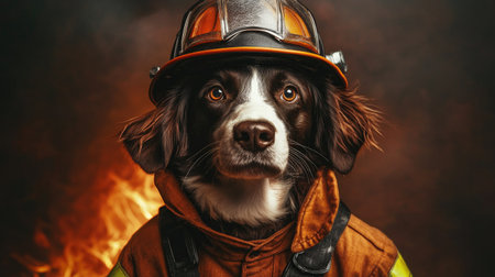Dog dressed as a firefighter, in a uniform and helmet, striking a heroic pose, adding a fun twist to the fireman roleの素材