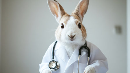 Small animal dressed as a doctor, complete with a white coat and stethoscope, embodying the caring nature of a health professionalの素材
