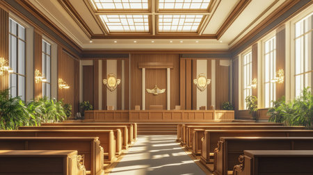Empty courtroom interior with rows of wooden benches, judge bench, and legal symbols, representing law and justice in a serene settingの素材