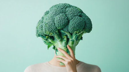 Portrait of a person with a broccoli head, standing against a neutral background, creating a surreal and artistic representation of food and identityの素材