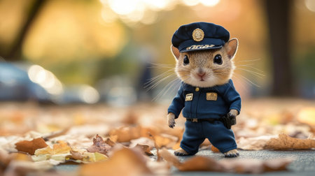Small animal in a police officer uniform and hat, posing as a miniature guardian of the law in this endearing shotの素材