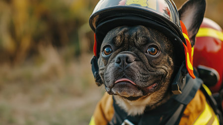 Playful dog wearing a firefighter uniform and helmet, sitting attentively, embodying bravery and cutenessの素材