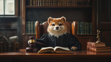 Playful portrait of an animal dressed as a judge, complete with a gavel and law books on a desk, representing law and orderの素材
