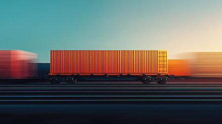 Side view of a train with a container on top, moving on tracks, representing the efficiency of modern cargo transportの素材