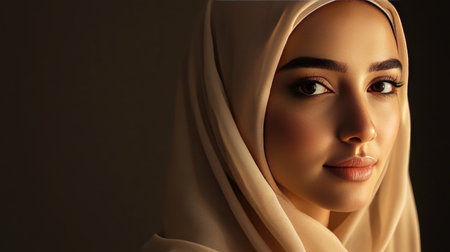 A beautiful portrait of an Islamic woman wearing a traditional hijab, with a serene expression, reflecting cultural pride.の素材