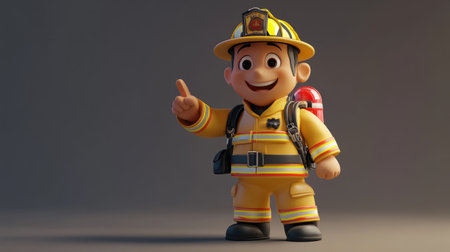 A 3D rendering of a friendly firefighter character, pointing with a confident smile, perfect for educational content.の素材