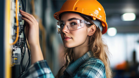 Young female electrician wearing a safety helmet, focused on repairing electrical wiring in an industrial setting, emphasizing skill and precisionの素材