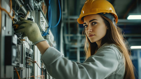 Young woman maintenance worker in a helmet, using tools to work on electrical installations, showcasing the role of women in technical professionsの素材