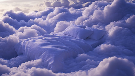 A cozy bed nestled among fluffy clouds, creating a serene and dreamlike atmosphere, perfect for a peaceful night's sleep.の素材