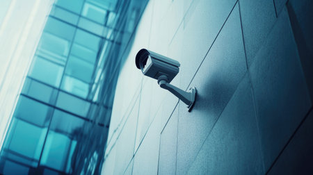 A CCTV camera on the exterior wall of a high-rise office building, focusing on the entrance for 24/7 surveillance.の素材