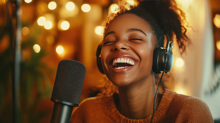 A joyful young woman hosting a podcast, smiling broadly and laughing as she speaks into a microphone in a cozy recording studioの素材
