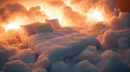 A cozy bed nestled among fluffy clouds, creating a serene and dreamlike atmosphere, perfect for a peaceful night's sleep.の素材