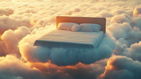 A bed floating on fluffy white clouds, with warm light filtering through, a symbol of comfort and relaxation.の素材