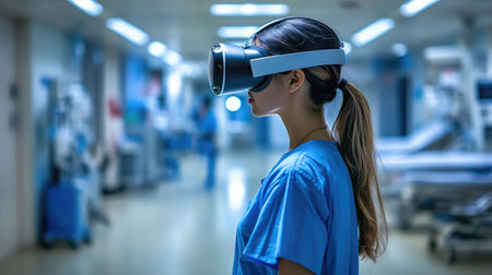 A healthcare worker, immersed in a VR environment, wearing a headset while in a modern hospital setting.の素材