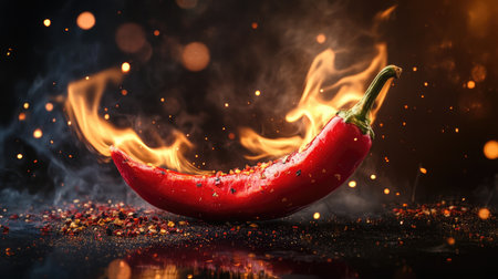 A bright red chilli pepper engulfed in flames, emphasizing the intense heat and spiciness, with the fire contrasting against a dark backgroundの素材