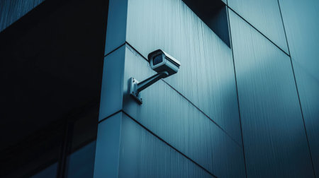 A CCTV camera attached to the corner of a corporate building, angled to cover the entrance, highlighting security measures.の素材