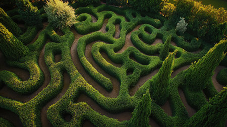A complex hedge maze viewed from above, its green pathways forming a captivating pattern in the landscape.の素材