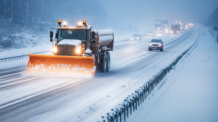 A large snowplough driving down a snowy highway, clearing snow from the road after a blizzard, with vehicles following behindの素材
