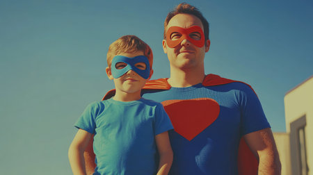 A father and son in superhero masks, standing in a heroic pose, emphasizing their playful relationship and the power of imaginationの素材