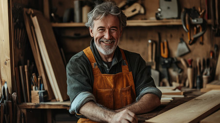 A portrait of a middle-aged carpenter smiling contentedly as he works in his workshop, surrounded by tools and wood.の素材