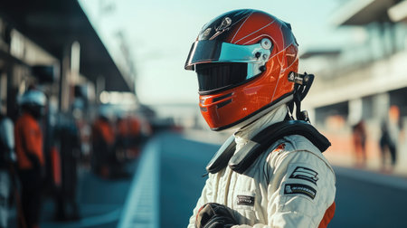 A race car driver in full gear, helmet on, standing confidently on the pit lane of a racetrack, ready for action.の素材