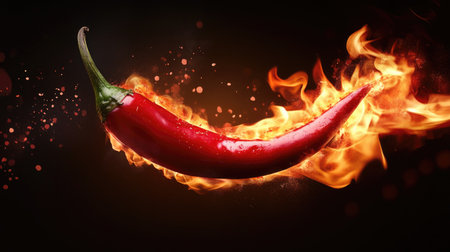 A bright red chilli pepper engulfed in flames, emphasizing the intense heat and spiciness, with the fire contrasting against a dark backgroundの素材