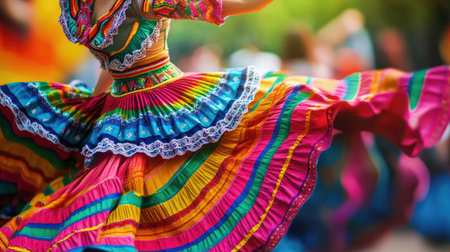 A close-up of a Mexican dancer, her traditional dress swirling with bright colors as she performs during a Cinco de Mayo celebrationの素材