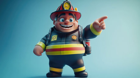 A playful 3D firefighter character, pointing ahead with a grin, designed in a fun and inviting style.の素材