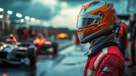 A driver in a racing suit and helmet, standing on the pit lane, with race cars in the background, poised for competition.の素材