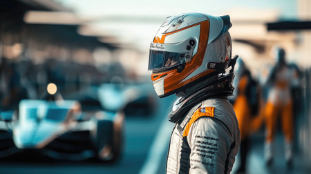 A driver in a racing suit and helmet, standing on the pit lane, with race cars in the background, poised for competition.の素材