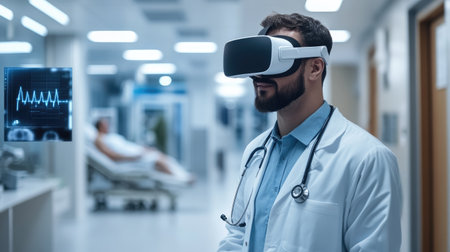 A doctor wearing VR headsets in a hospital, interacting with a virtual patient, showcasing the future of medical technology.の素材