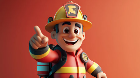 A playful 3D firefighter character, pointing ahead with a grin, designed in a fun and inviting style.の素材