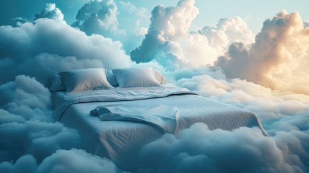 A dreamy, cloud-surrounded bed with soft pillows and blankets, symbolizing the perfect night sleep.の素材