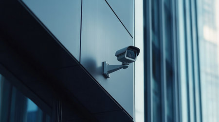 A sleek CCTV camera mounted on the exterior wall of a modern corporate building, monitoring the surroundingsの素材