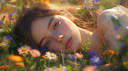 A young woman enjoying the warmth of spring, lying down in a field of wildflowers, with a peaceful expression.の素材