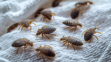 Close-up of a bed bug infestation on white fabric, with multiple bugs visible crawling on the surface, highlighting the severity of the issueの素材