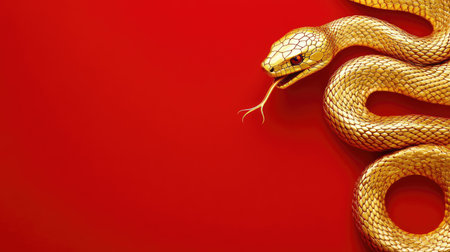 A striking gold snake coiled elegantly on a vibrant red background, symbolizing the Chinese New Year of the Snake 2025.の素材