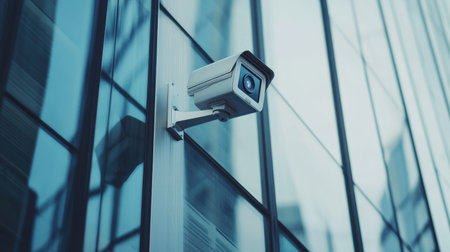 A sleek CCTV camera mounted on the exterior wall of a modern corporate building, monitoring the surroundingsの素材