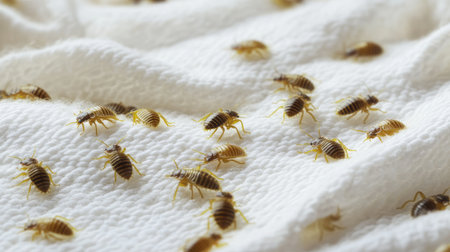 Bed bugs scattered across white bedding, showcasing the unpleasant reality of a severe infestation, with the fabric texture clearly visibleの素材