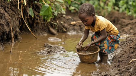 An African child collecting muddy water from a stream in a makeshift container, emphasizing the struggle for clean drinking water in remote areasの素材