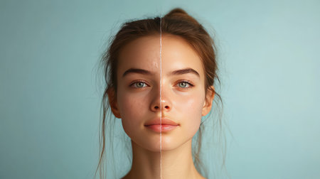 A woman face divided in half, showing the contrast between bad skin and clear, healthy skin, emphasizing the benefits of skincare treatmentsの素材